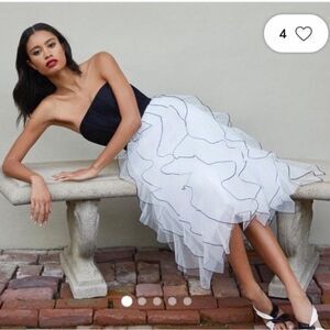 BCBGMAXAZRIA strapless tulle ruffled skirt midi dress off white combo black 6